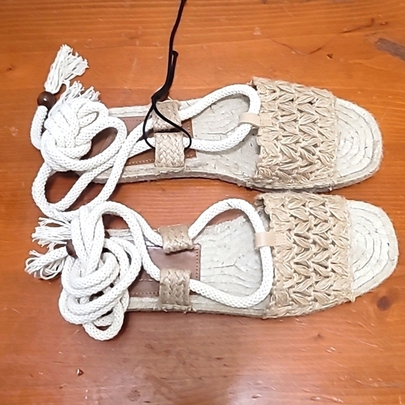 ZARA ESPADRILLES WOMEN'S TAN WOVEN JUTE SOLE ANKLE TIE SIZE 39 US 8.5 - Picture 2 of 8